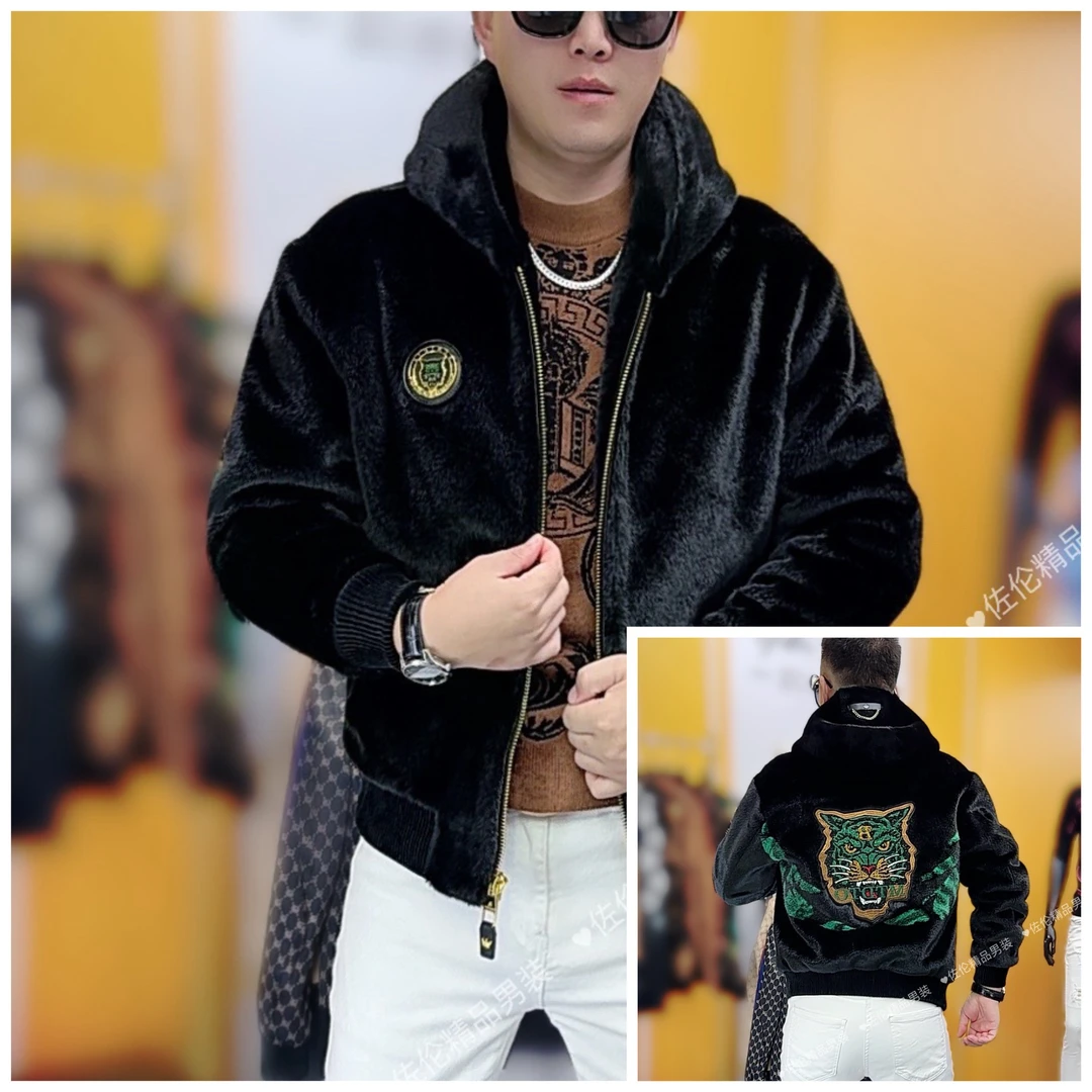 秋冬新款时尚高品质轻奢男士刺绣修身连帽外套2318