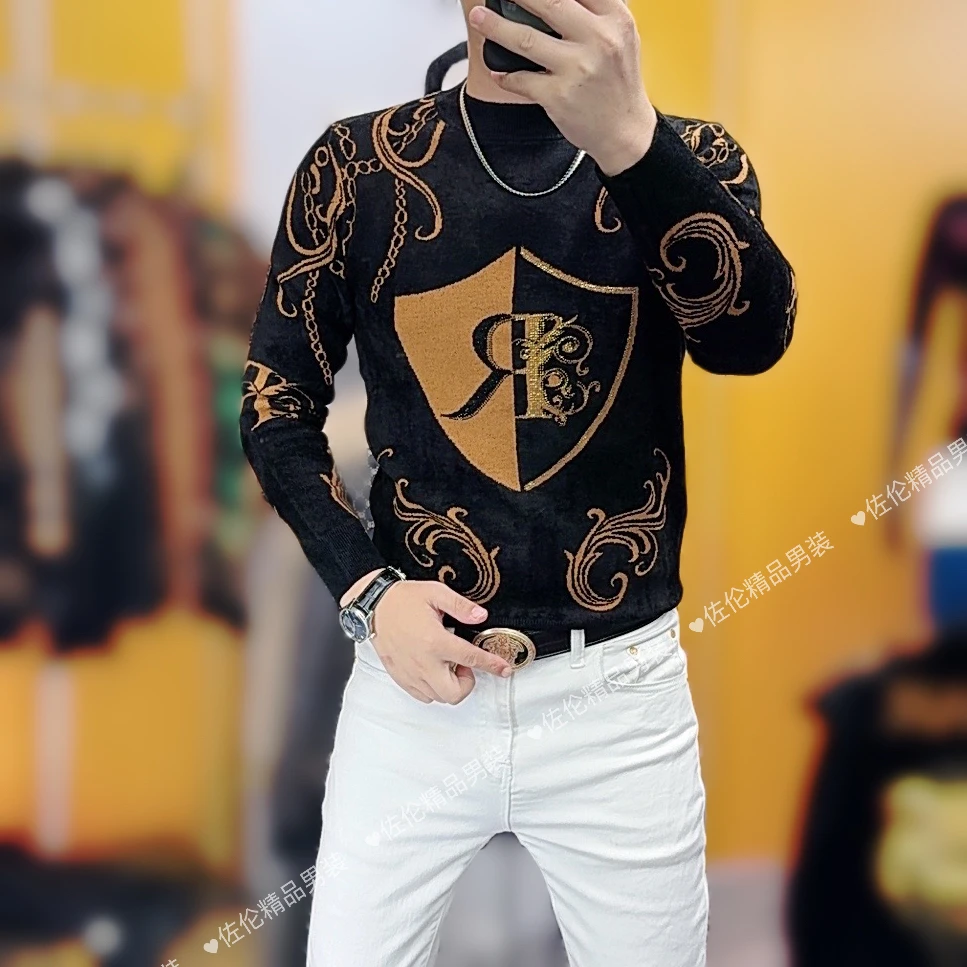 欧洲站冬季新款提花修身时尚潮流男士毛衣8806