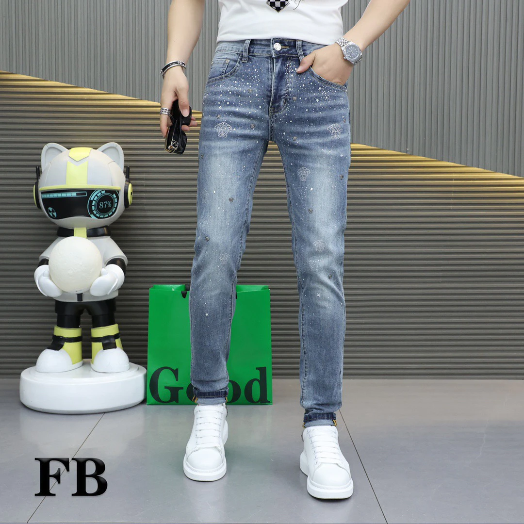 3038早秋新款时尚男士烫钻修身牛仔裤