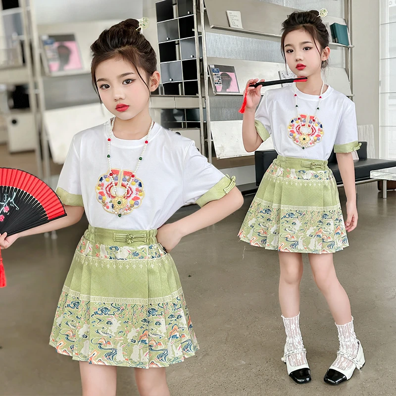 女童马面裙套装新中式夏款2025国风刺绣短袖体恤时髦洋气短裙套装