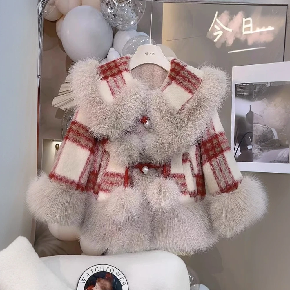 女童仿皮草加绒外套秋冬装2024新款儿童小香风女孩加厚呢大衣洋气