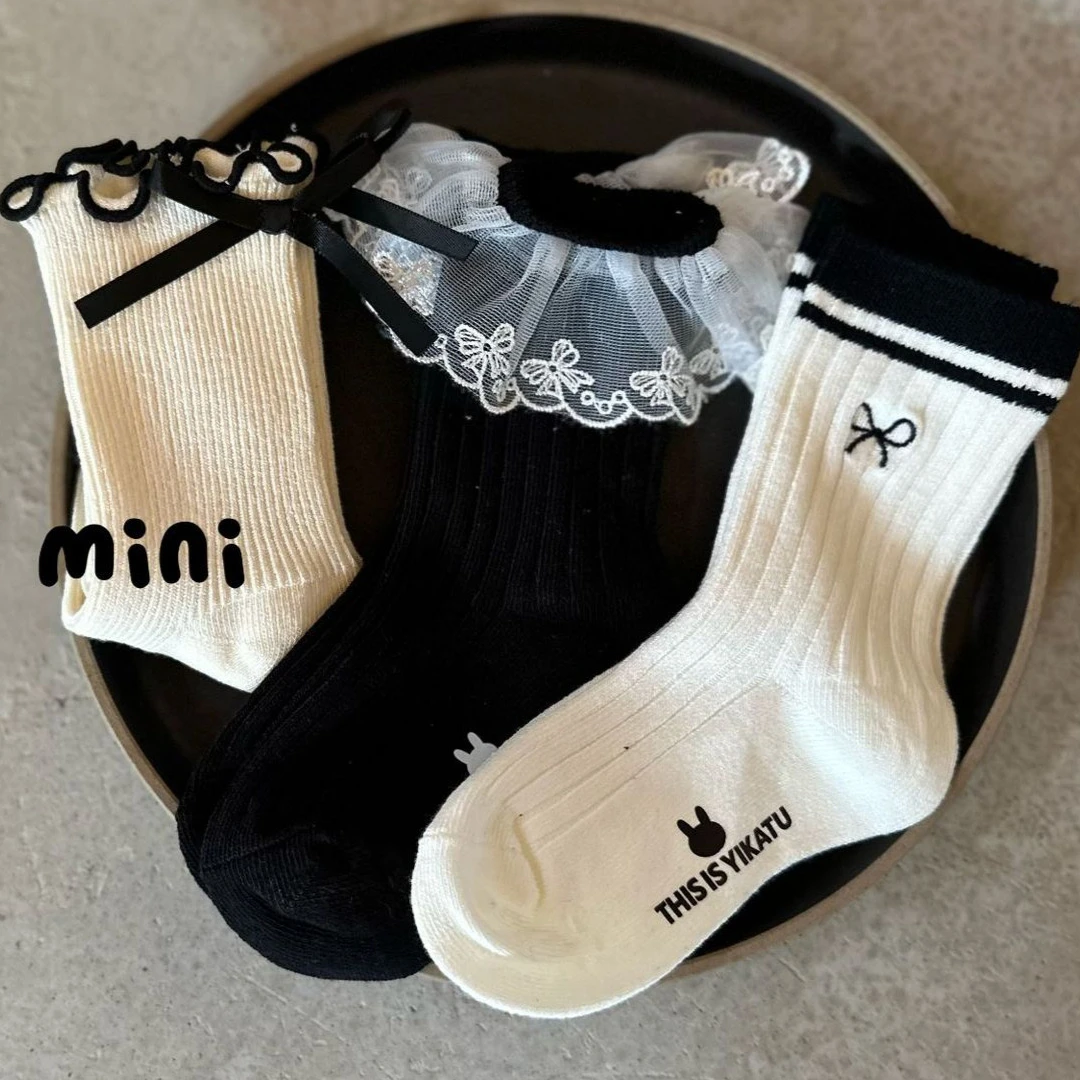 伊卡兔ykt秋冬儿童中筒袜时尚黑白蝴蝶结百搭甜美女童学生棉袜