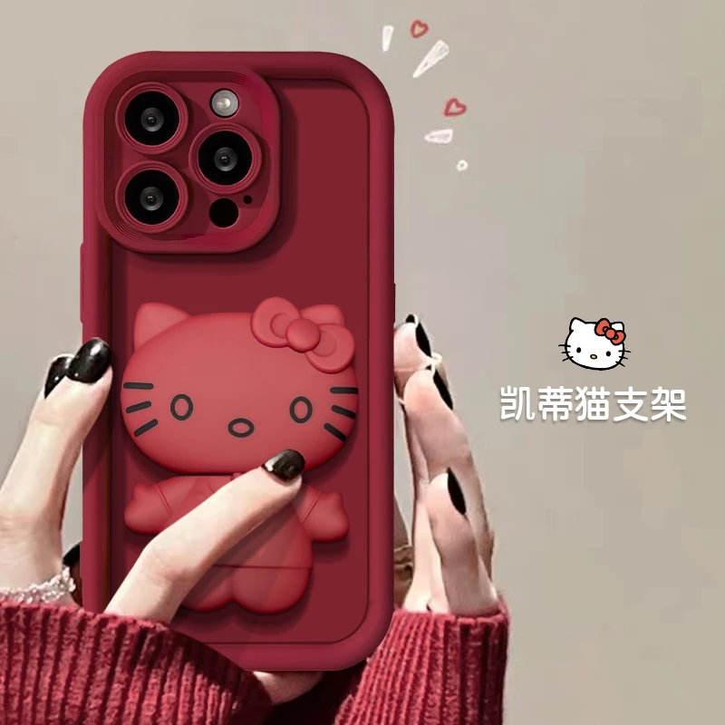 苹果15华为oppo/vivo小米立体可爱kt猫镜面带支架手机壳mate60pro