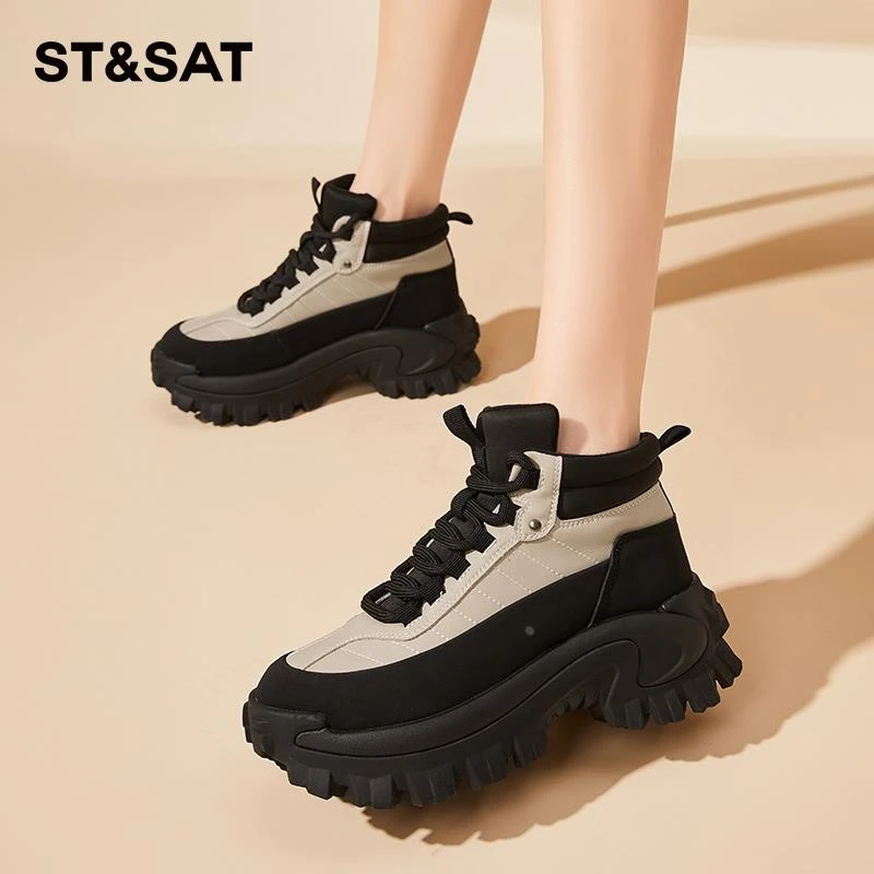 星期六厚底老爹鞋女运动鞋黑色鞋子2025新款女款高帮鞋内增高女鞋