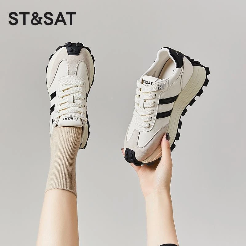 星期六女鞋2025春季新款老爹鞋女真皮休闲运动鞋百搭厚底复古单鞋