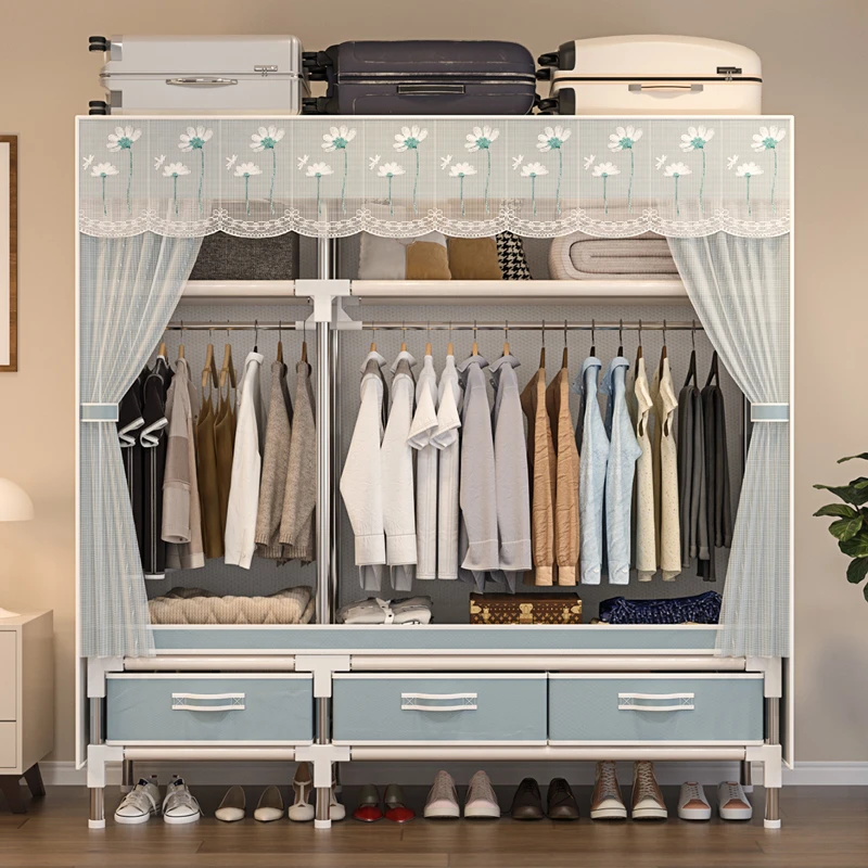 大容量家用卧室双人组装布衣柜带抽屉收纳衣橱出租房用结实简易