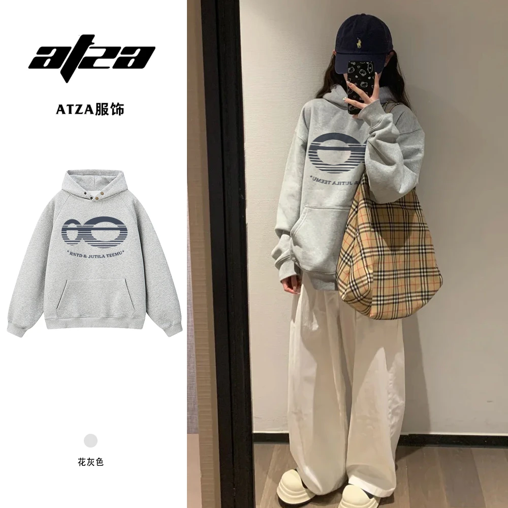 ATZA韩系小众ins新款复古纽扣连帽卫衣女设计感印花休闲宽松上衣