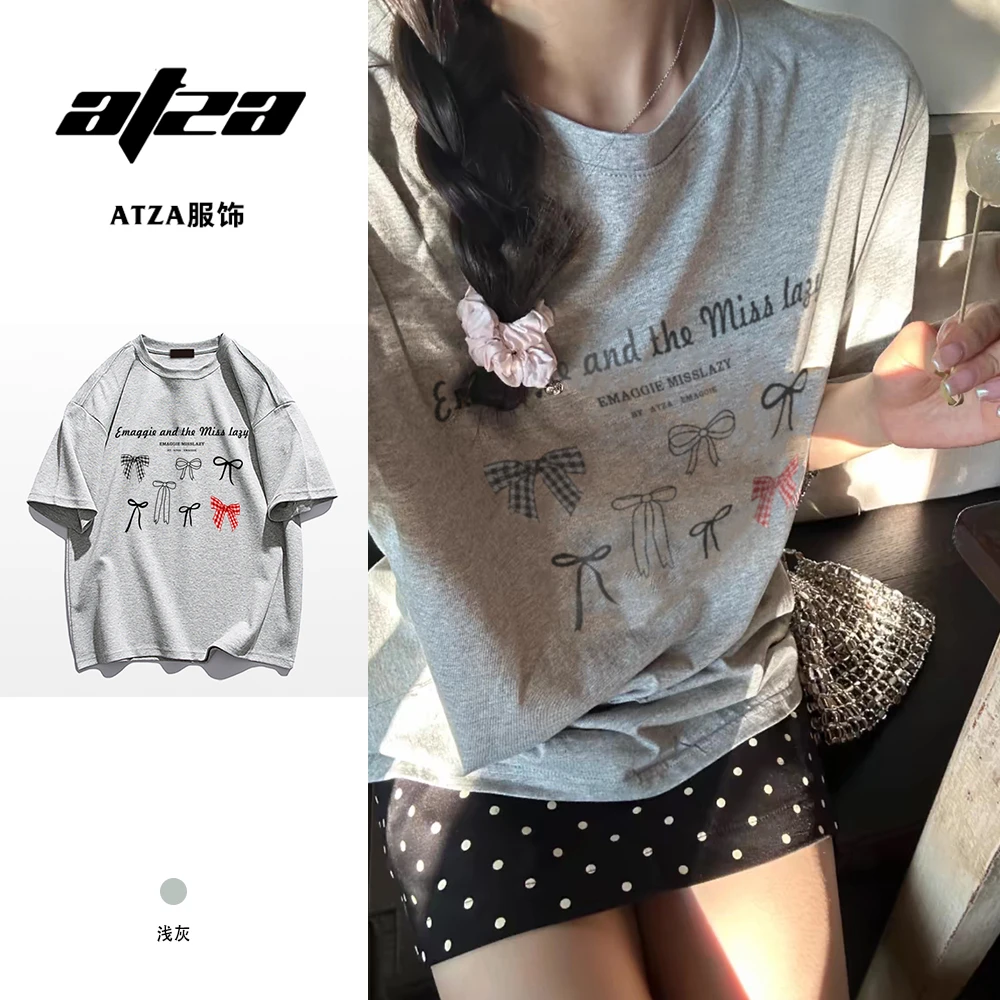 ATZA学院风宽松印花短袖T恤女夏季纯棉慵懒风法式甜辣圆领上衣潮