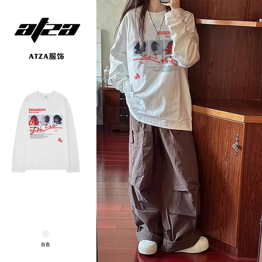 ATZA韩系小众ins新款可爱卡通印花休闲百搭宽松纯棉长袖T恤上衣女