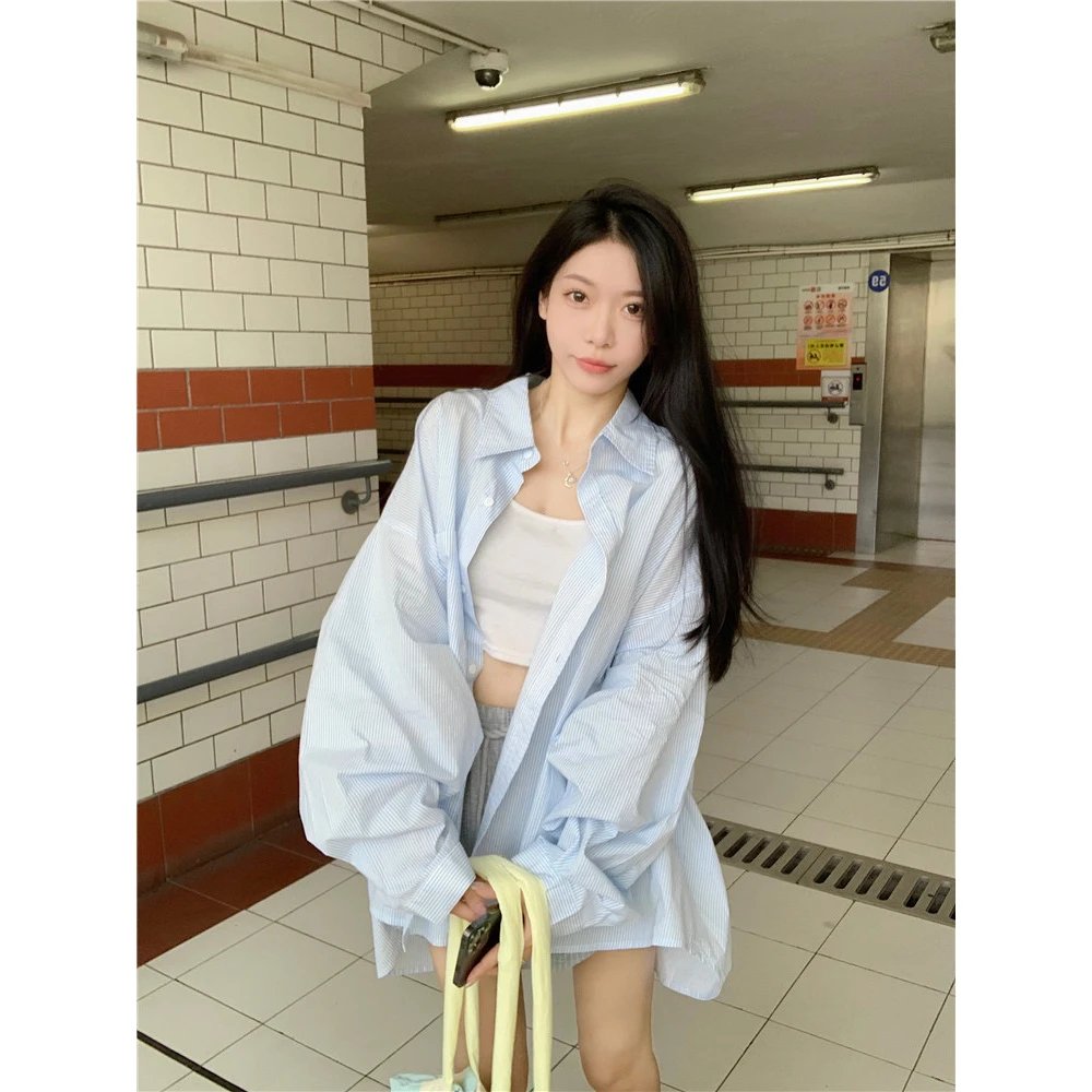 设计感条纹Polo领衬衫外套女夏季防晒衬衣宽松休闲开衫中长款上衣