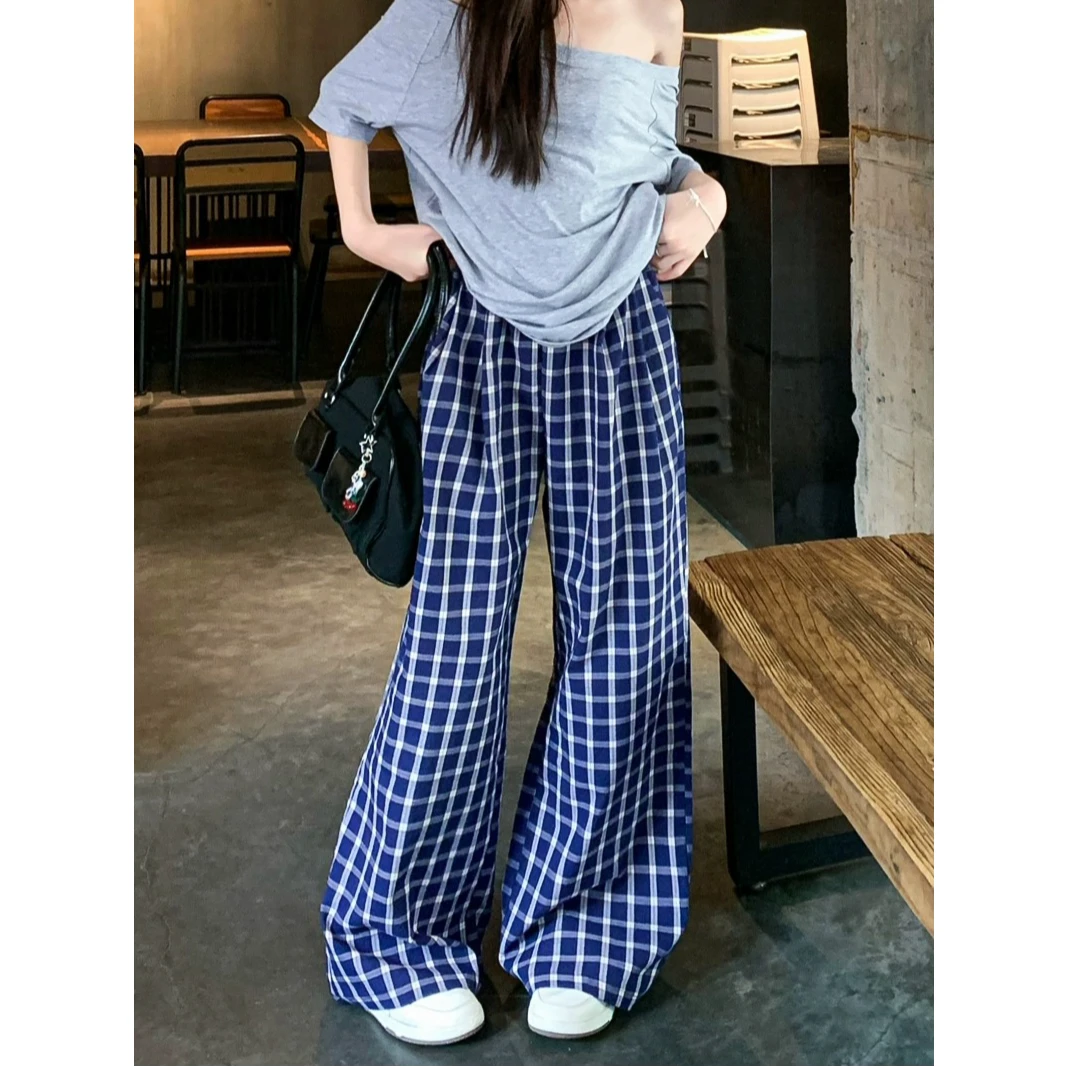 韩系慵懒格子休闲裤女夏季新款垂感宽松阔腿裤高腰裤子拖地长裤潮