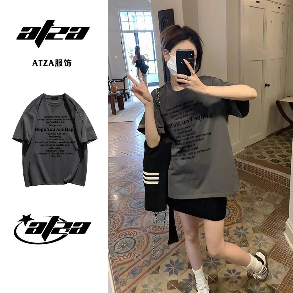 ATZA美式字母印花短袖T恤女夏季设计感小众宽松纯棉半袖体恤上衣