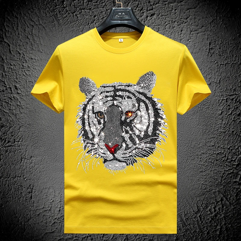 老虎头t恤男士短袖2023新款男装冰丝夏季上衣服烫钻体恤薄款修身
