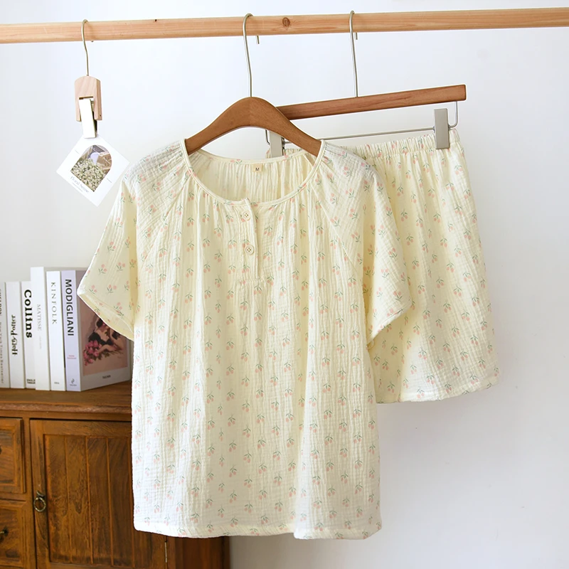 小花款绉布套头睡衣女套装全棉春秋季舒适吸汗家居服套装短袖短裤