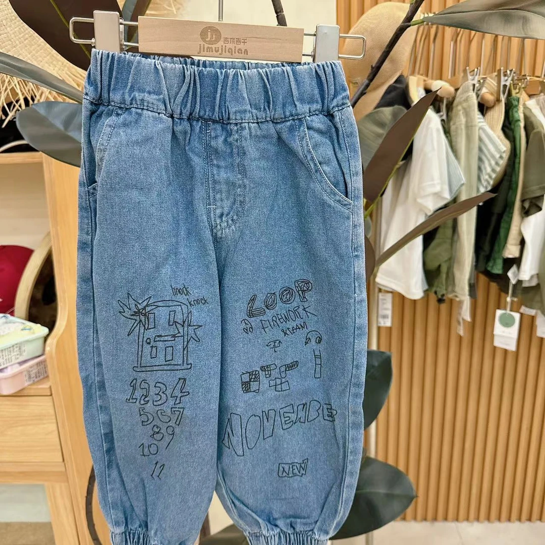 【JMJQ 20671】夏季韩版中小童字母涂鸦洗水蓝百搭牛仔长裤