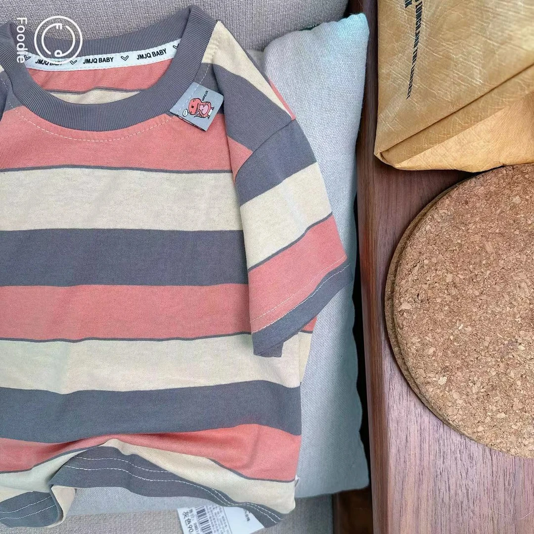 【JMJQ 20330】夏季中小童韩版亲肤色织宽条清爽彩色短袖体恤