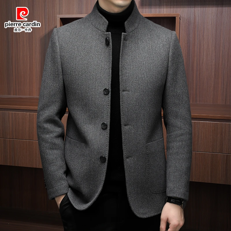 皮尔卡丹正品含羊毛双面呢夹克休闲男外套立领中山装商务中年夹克