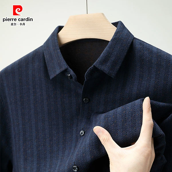 皮尔卡丹磨毛绒面长袖衬衫高档商务休闲绵羊毛桑蚕丝厚款衬衣男装
