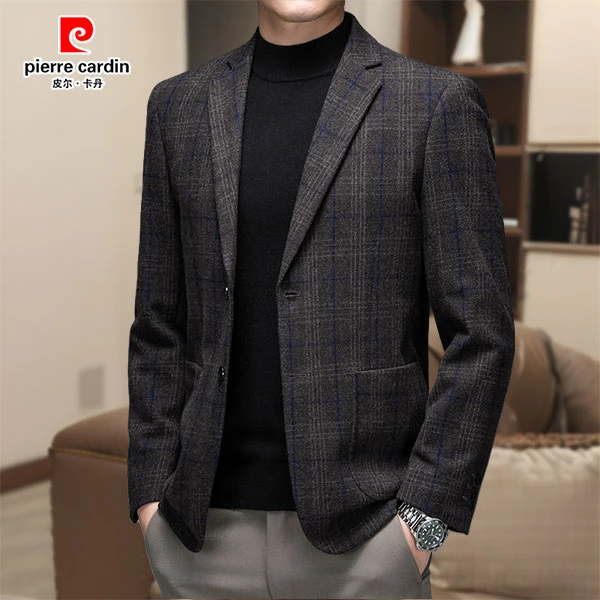 皮尔卡丹正品高端含羊毛双面呢小西装中年格子休闲商务格子单西服