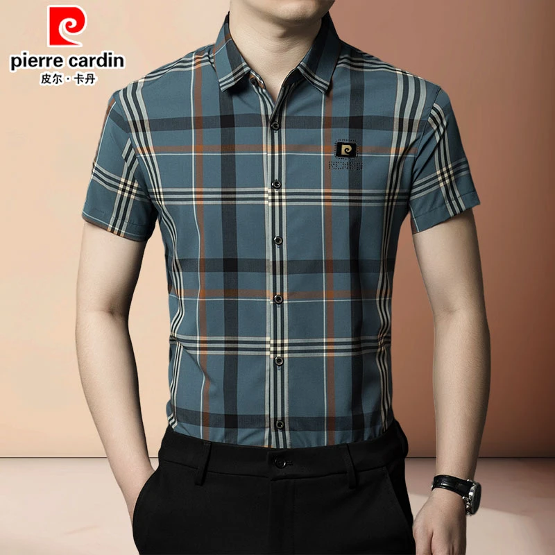 皮尔卡丹正品短袖衬衫男士夏季薄款抗皱高档格子中年商务休闲衬衣