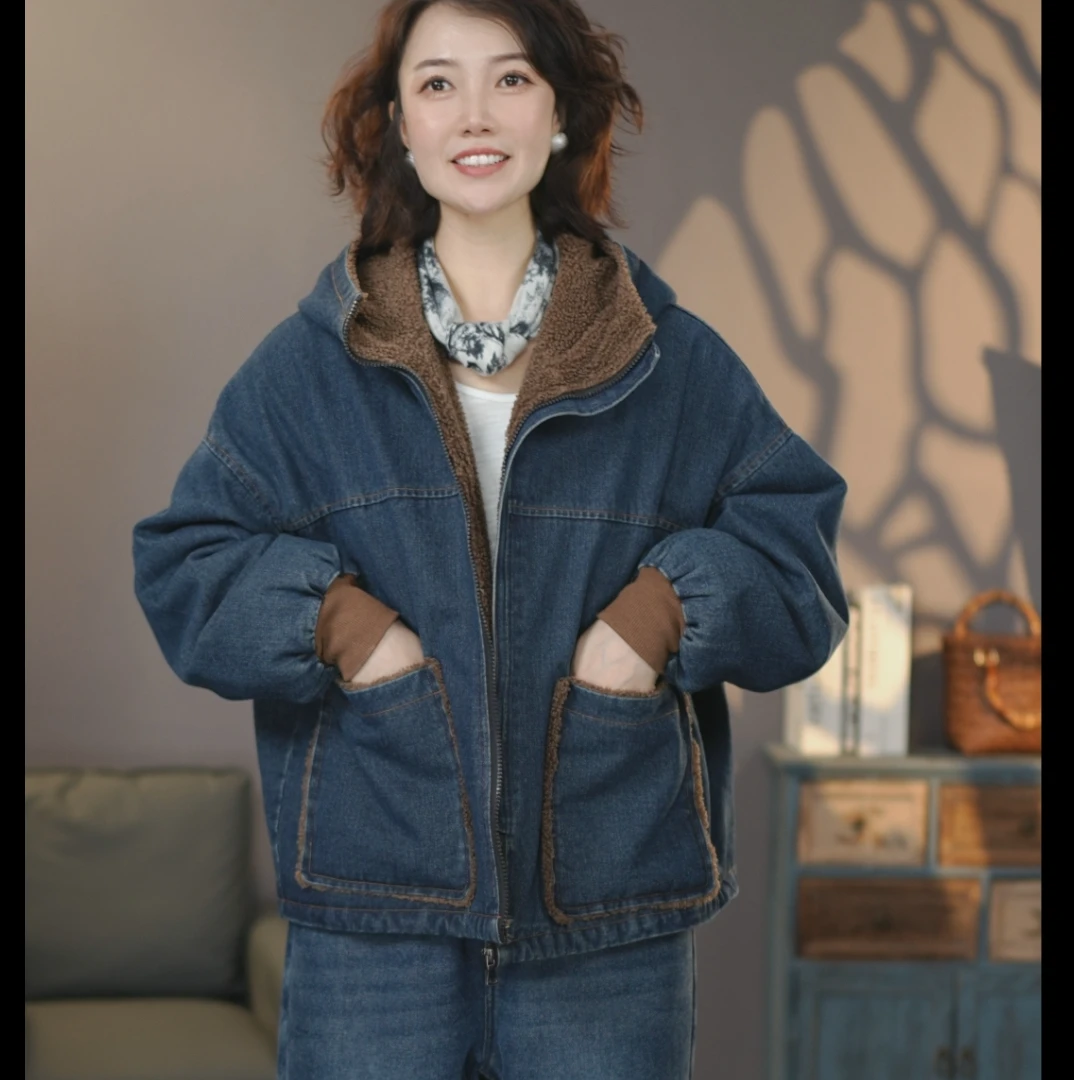 涵涵8736蓝加绒连帽牛仔外套女士冬季2025年新款宽松百搭大码上衣