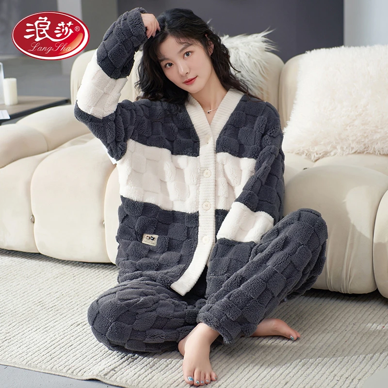浪莎睡衣女秋冬季长袖法兰绒加厚珊瑚绒棋盘格冬天保暖家居服套装