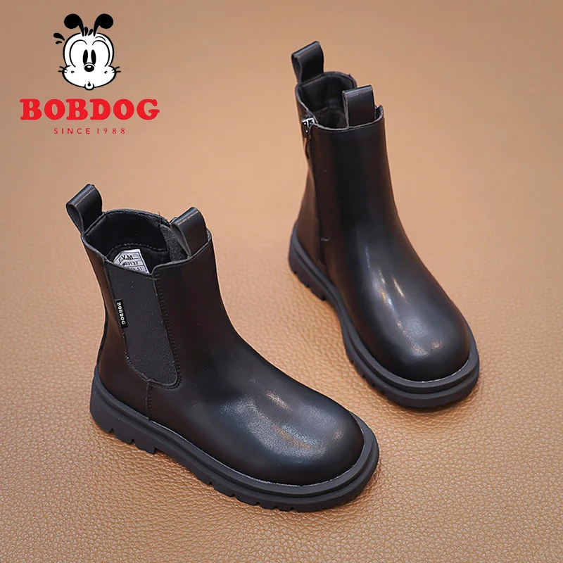 巴布豆女童靴子2024款儿童公主洋气小短靴女宝黑色保暖二棉加绒靴