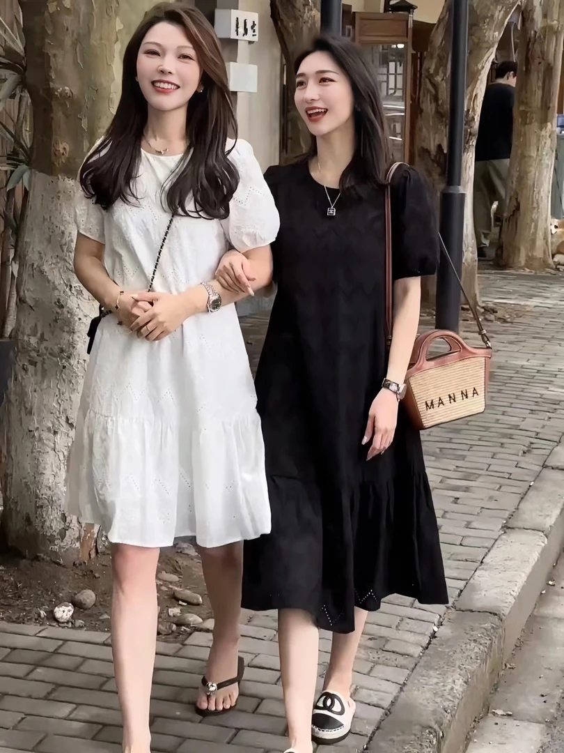 ROBELLE3黑白基础色调简单大方显瘦法式的A字型连衣裙宽松连衣裙