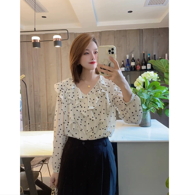 格子显瘦气质衬衫女法式波点设计感小众超仙荷叶边小衫显瘦洋气