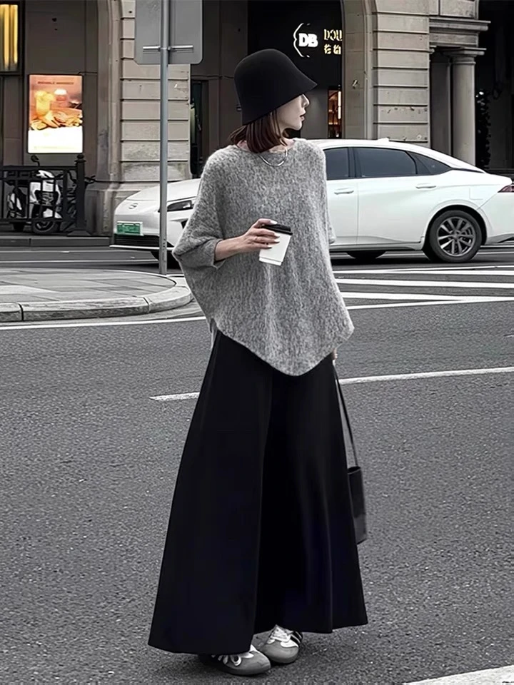 设计感2024早秋新款慵懒气质下摆不规则显瘦套头毛衣女黑色半身裙