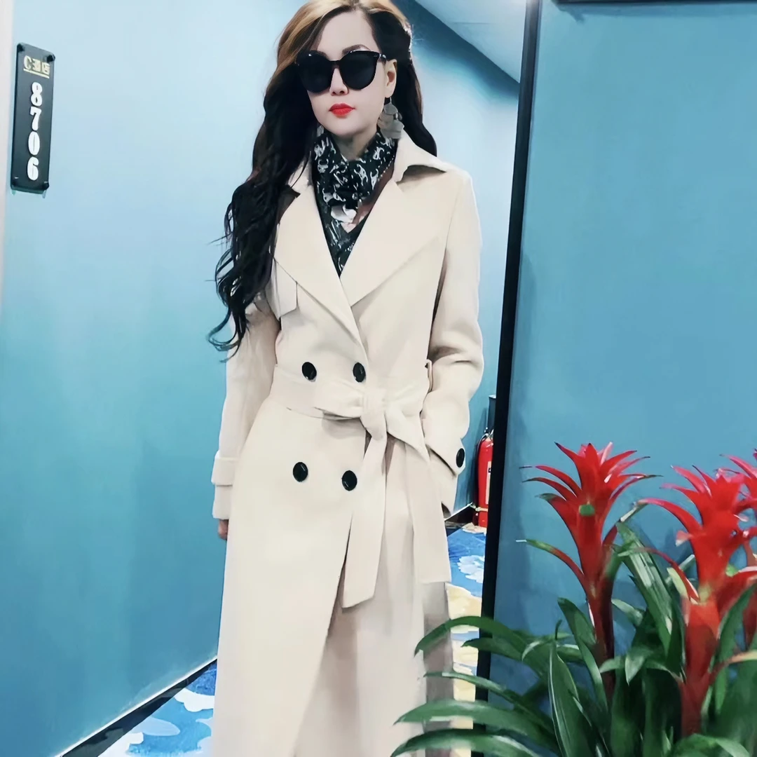 3095气质款通勤大衣翻领双面女士长袖中长款秋冬双排扣轻奢时尚