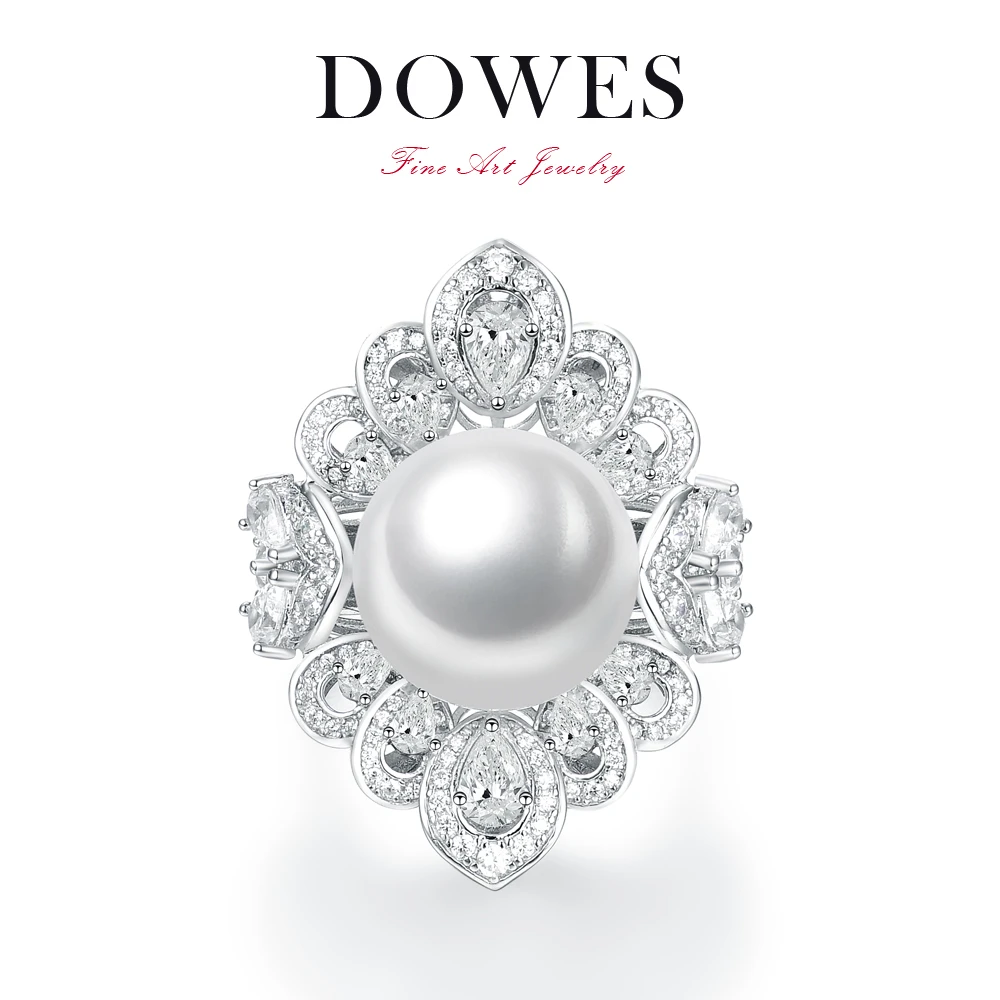 925银仿珍珠戒指 14mm简约豪华镶嵌繁花冷光澳白戒指