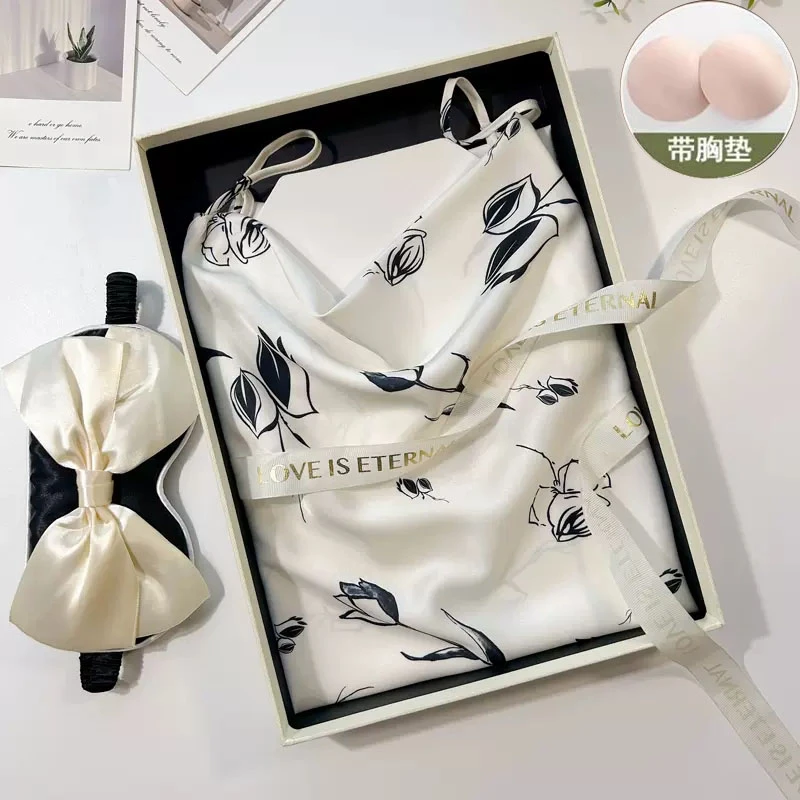 冰丝睡裙女吊带睡衣夏季薄款带胸垫连衣裙国风印花性感纯欲家居服