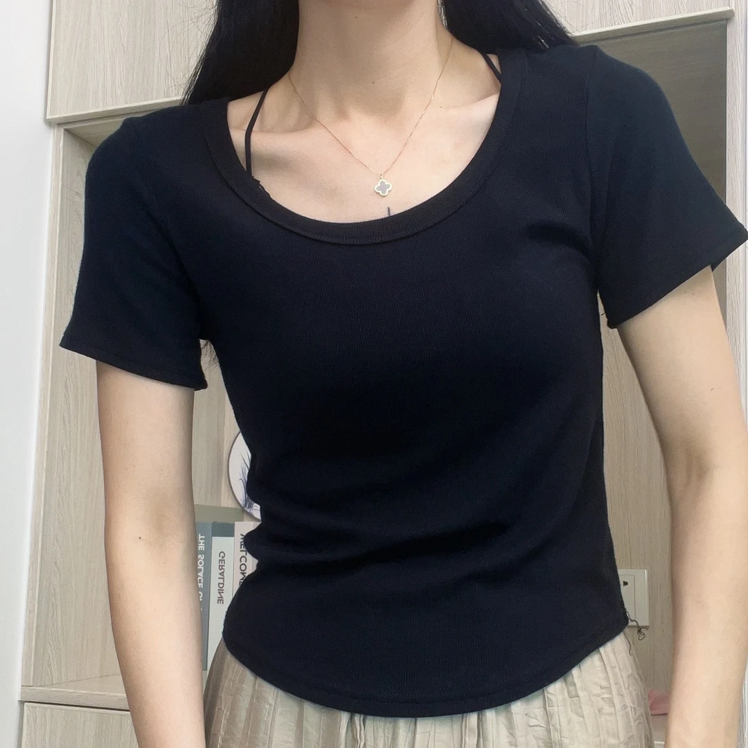 【大雯+】新款夏季设计师T恤显瘦百搭黑色半袖不规则ins纯色ins针织