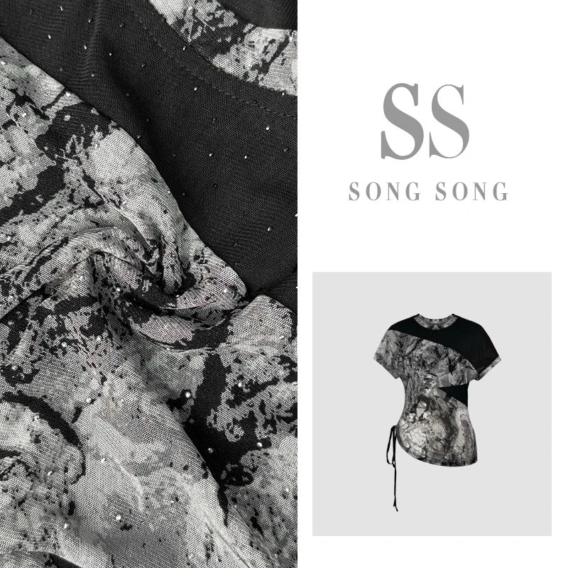 SONG-原创夏款【颂晚云影】夏季时尚气质印花拼接短袖上衣