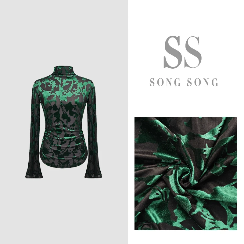 SONG-【碧波翠绿】原创秋冬款黑绿拼色修身捏褶半高领设计款上衣