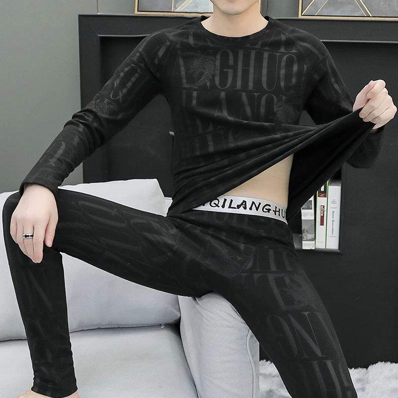 男士双面德绒保暖内衣套装潮流无痕圆领薄款修身打底秋衣秋裤冬季