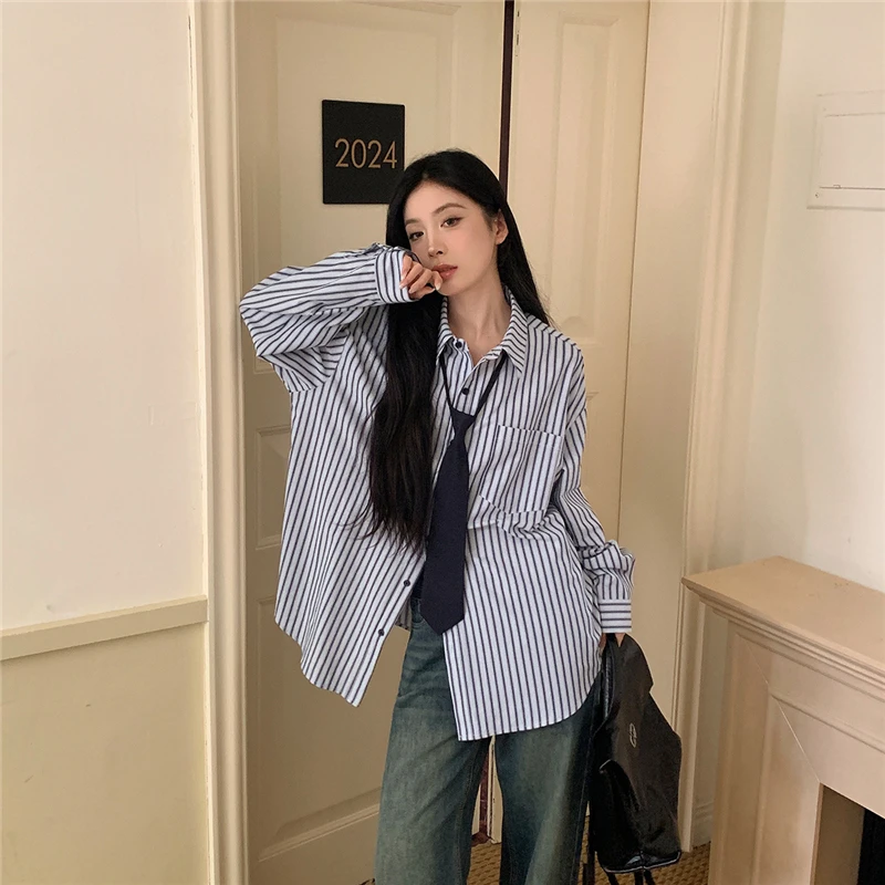 学院风领带长袖条纹衬衫女早春设计感宽松叠穿内搭打底上衣衬衣潮