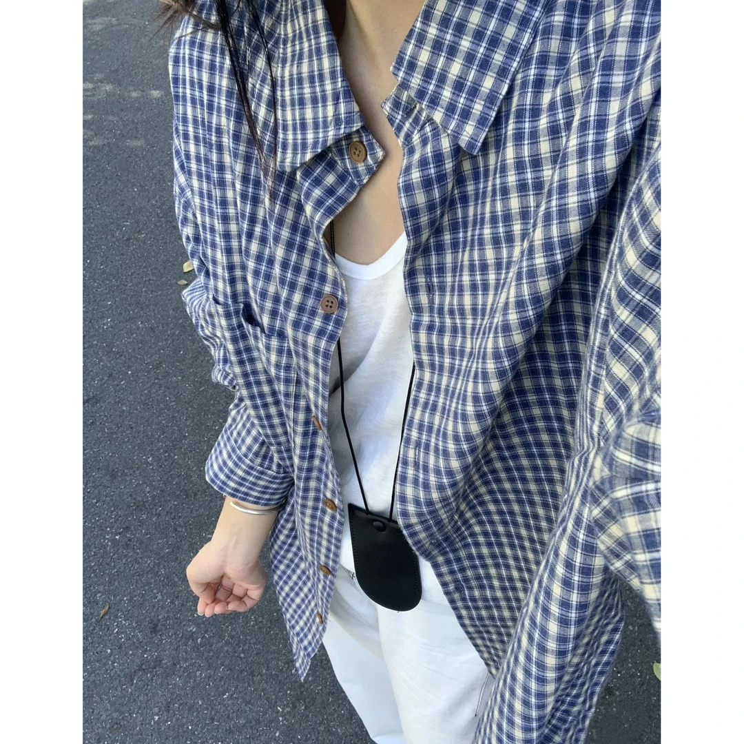 复古宽松慵懒风格子衬衫女早春新品韩版休闲简约长袖外搭通勤小衫
