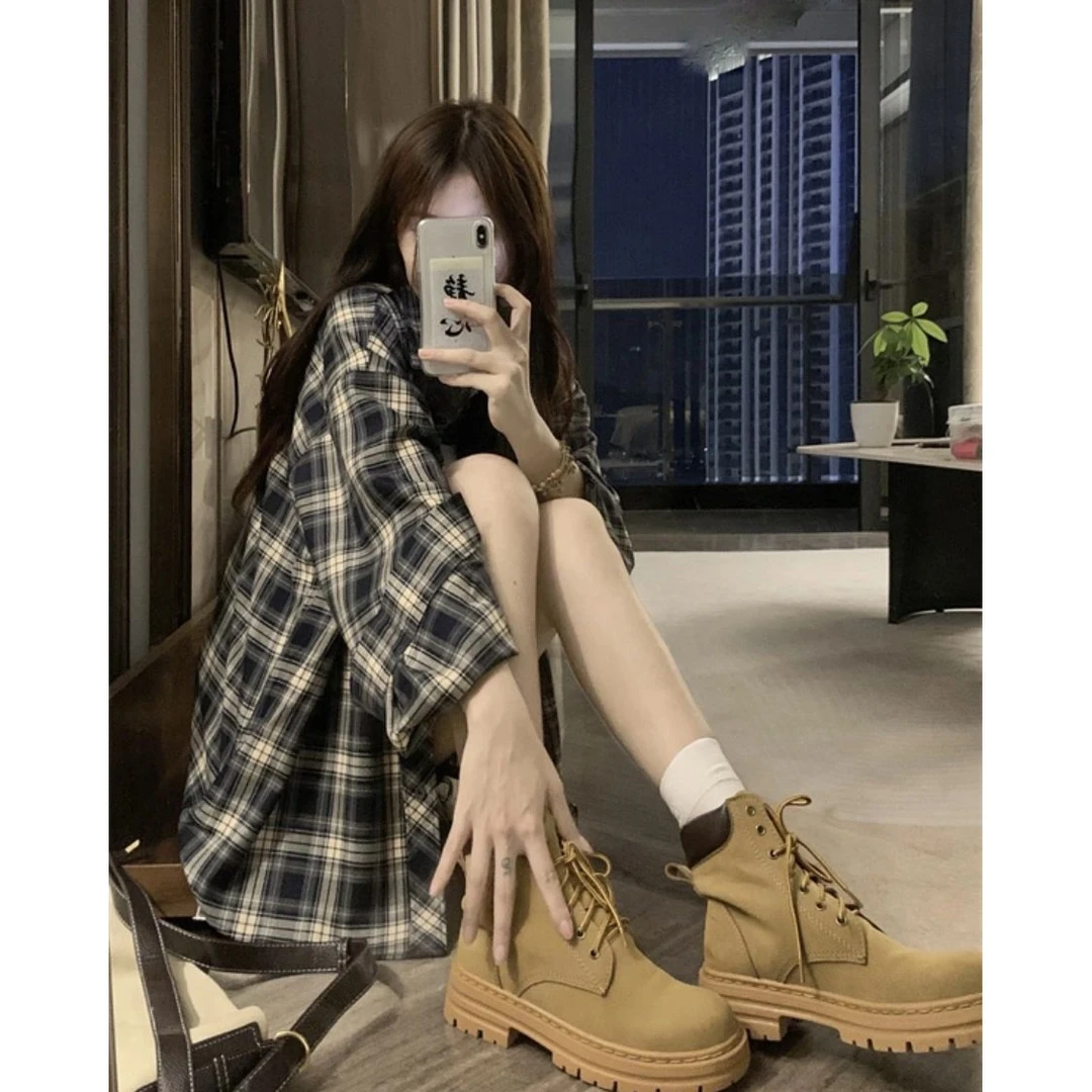 幂式秋季新款复古格纹衬衫女休闲外套长袖小众宽松衬衣港味韩版
