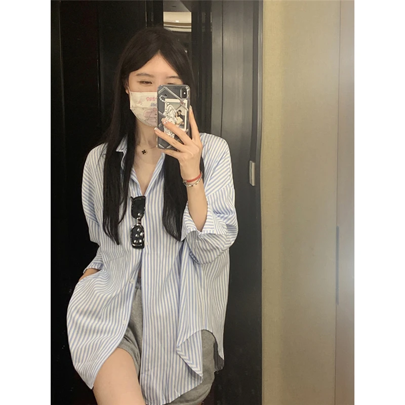 粉色条纹衬衣女春季设计感小众防晒衬衫外套宽松长袖韩版上衣