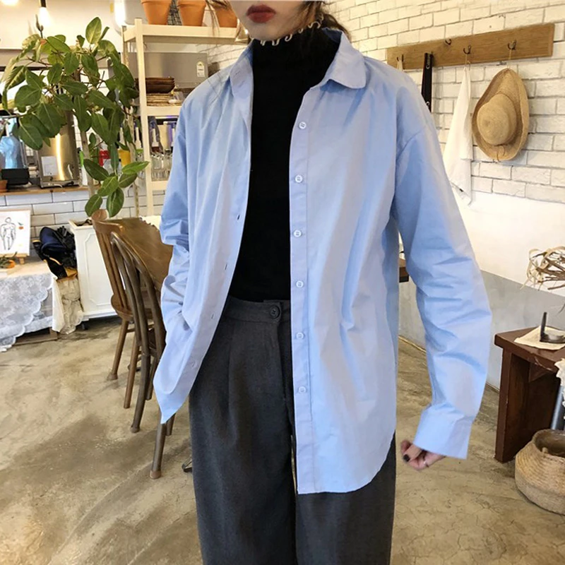 基础款衬衫女外穿韩版休闲学生上衣长袖奶蓝色衬衣宽松外套