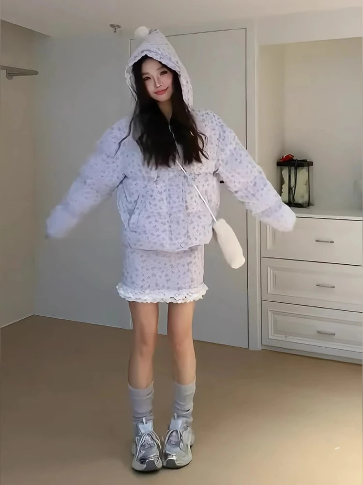 溺水三鱼立领面包棉服套装女冬加厚可爱小个子碎花短款棉袄外套