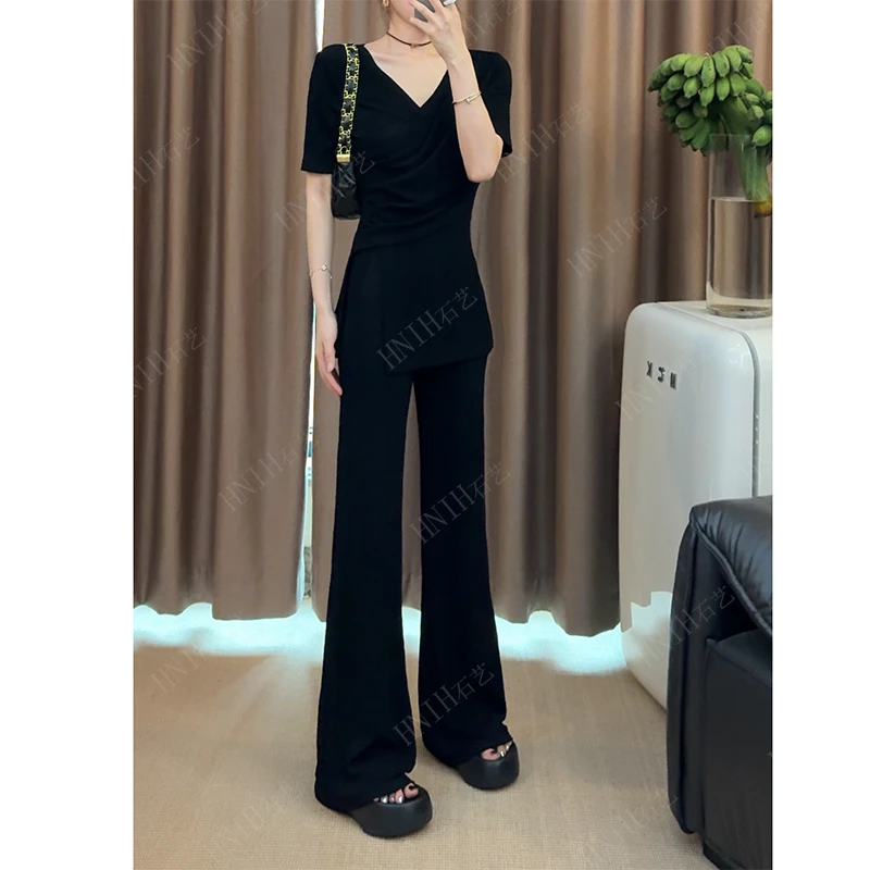 夏季时尚休闲套装女v领短袖上衣微喇叭裤显瘦两件套2024新款女装