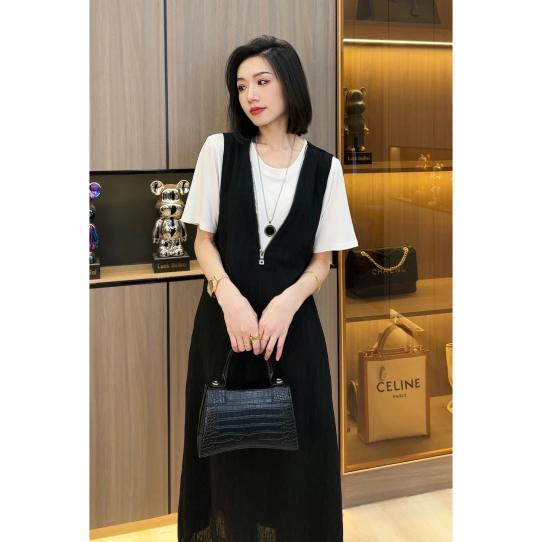 夏季新款气质套装裙子女微胖大码中长款宽松显瘦短袖连衣裙两件套