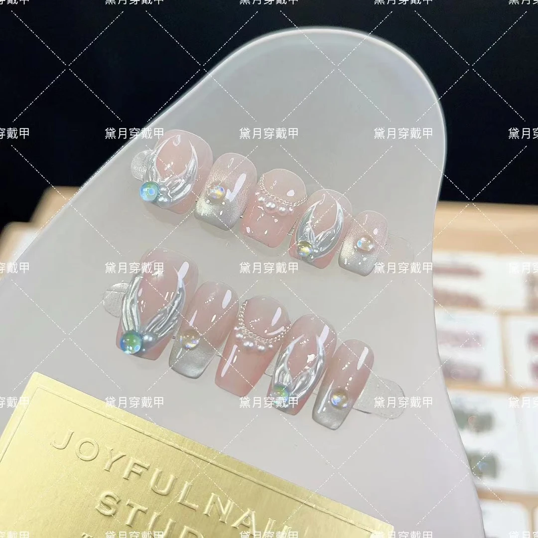 绿猫眼鱼尾纯手工光疗美甲贴果冻贴片指甲穿戴甲美白简约梯形