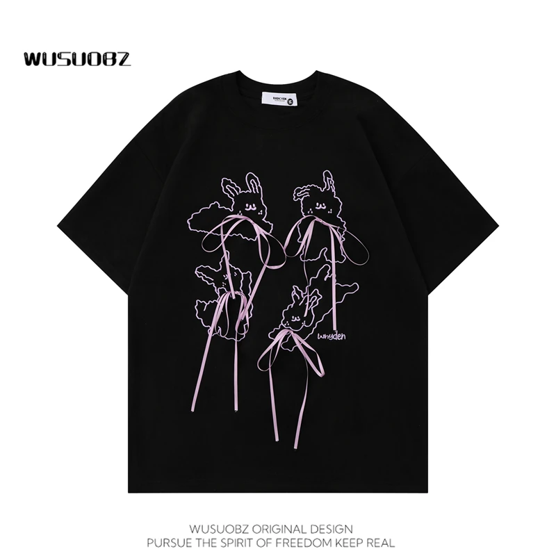 WUSUOBZ甜酷设计感兔子蝴蝶结短袖T恤夏季卡通麂皮绒宽松百搭半袖