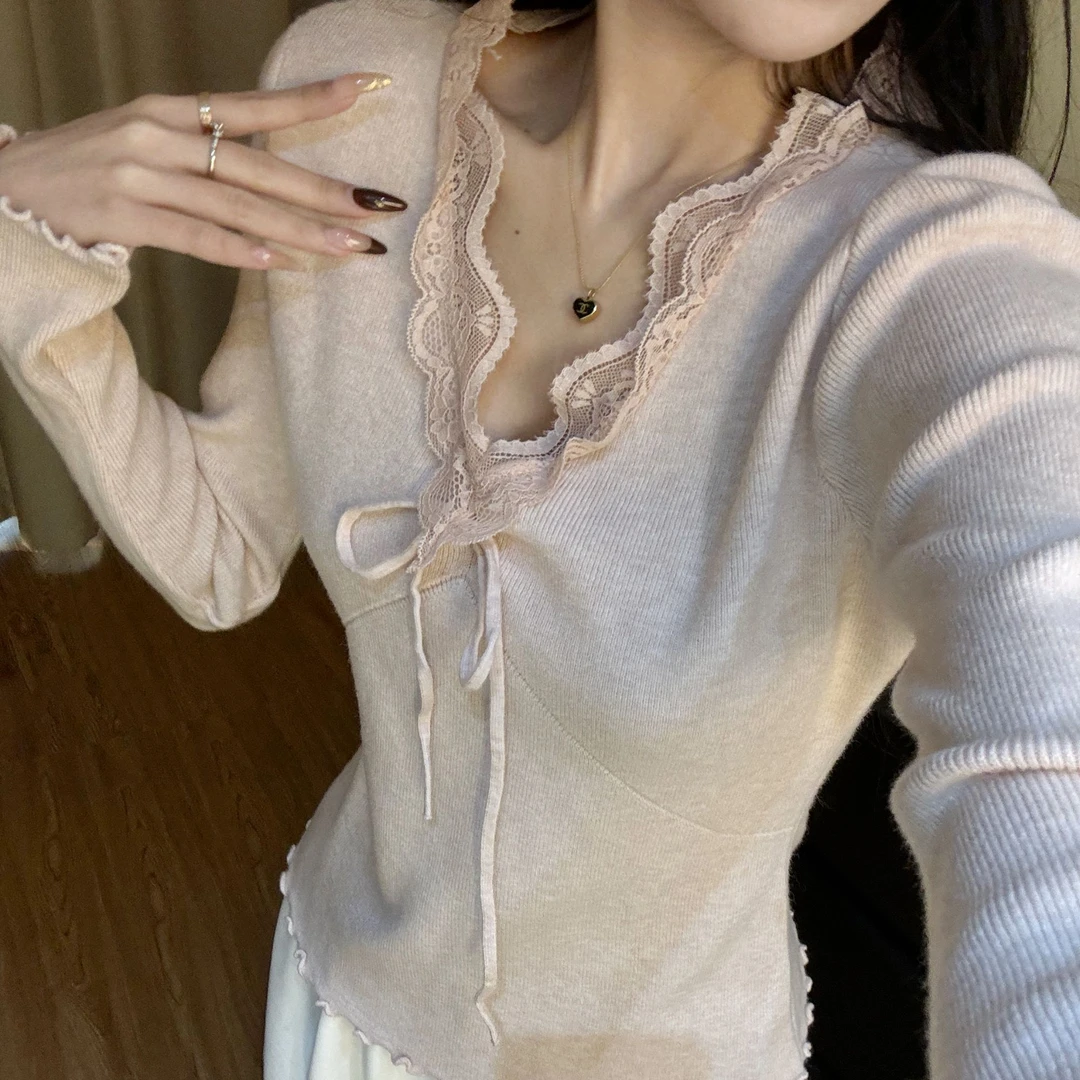 纯欲蕾丝V领系带长袖针织衫女秋冬2024新款修身内搭打底上衣8019