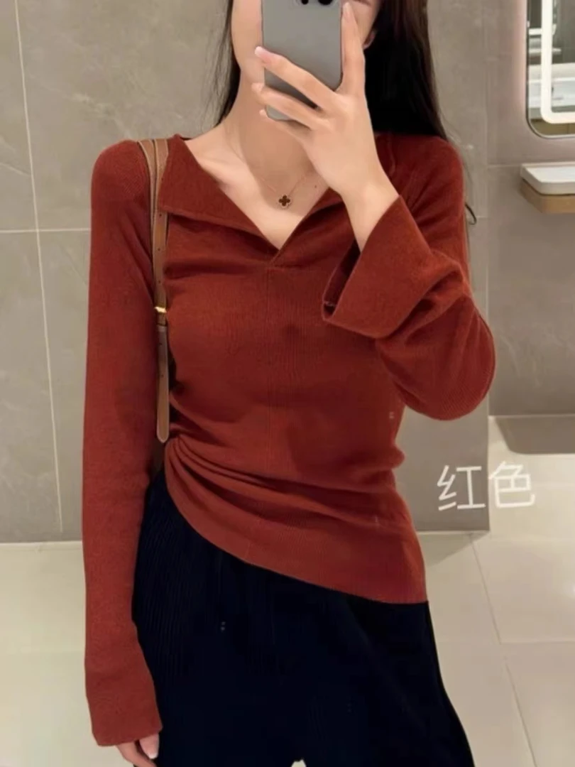 纯色V领修身上衣女2025春秋新款软糯减龄纸片人针织打底衫A6-18