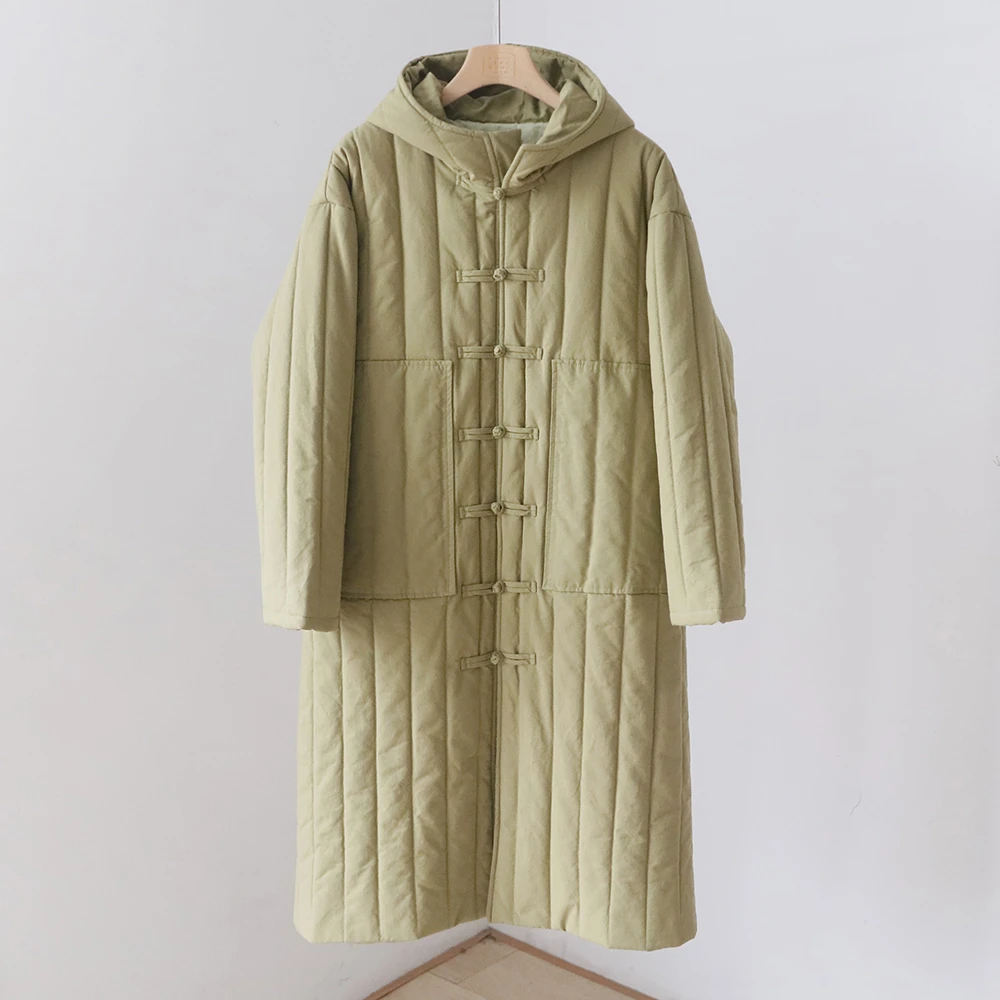 冬季复古国风盘扣宽松保暖棉服 连帽长款夹棉加厚棉衣外套 4SP300